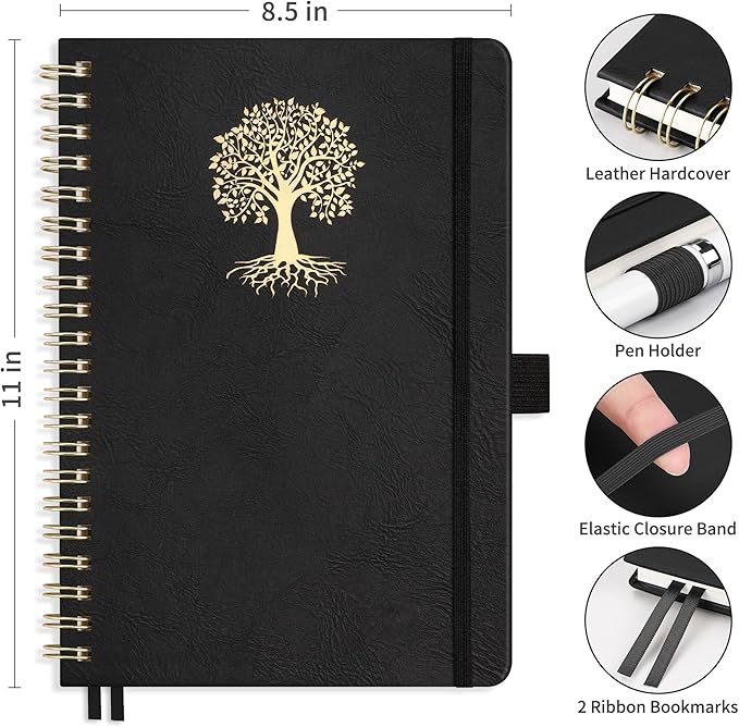 RETTACY Spiral Journal Notebook, 110 Numbered Pages, A4 Large Size (8.5'' x 11''), for Men & Women, Journaling, Writing, Work & Office, Leather Hardcover, 100 GSM Thick Paper (Black)