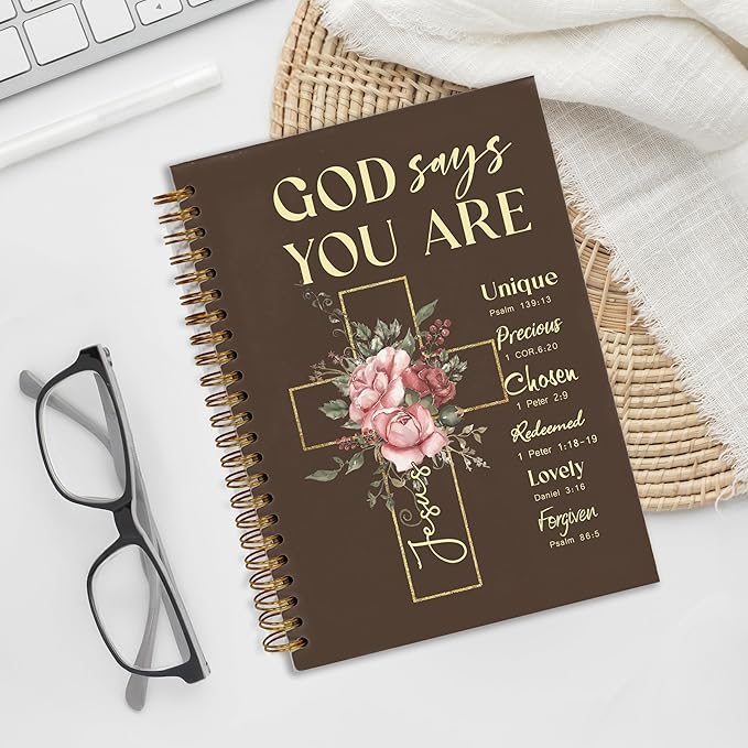 Bible Notebook, A5 Spiral Christian Journal with Floral Notebook, Bible Verse-God Says You Are, Inspirational Notebooks for Women, Bible Study, Gift for Birthday Christmas, Office Supplies (Brown)