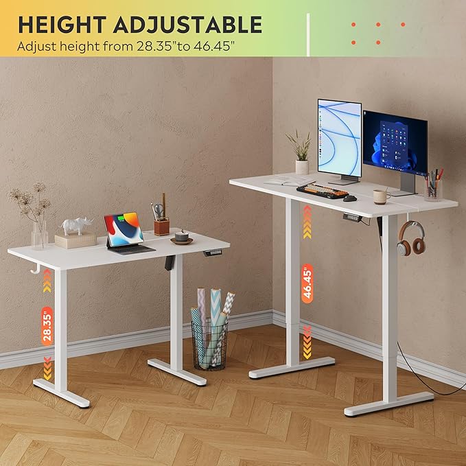 DEVAISE 48 Inch Electric Standing Desk, 3 Adjustable Height Stand up Desk for Home Office, Ergonomic Sit to Stand Desk with LED Touchscreen,Headphone Hook, 3 Memory Preset Computer Desk (White)