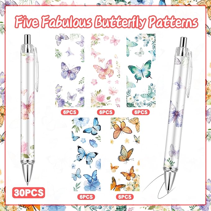 30 PCS Butterfly Ballpoint Pen Retractable Ballpoint Pen, 0.5mm Ball Point Pens for Office Stationery Home School Supplies for Women Teacher Gifts Black Ink, Medium Point (Butterfly, 30)