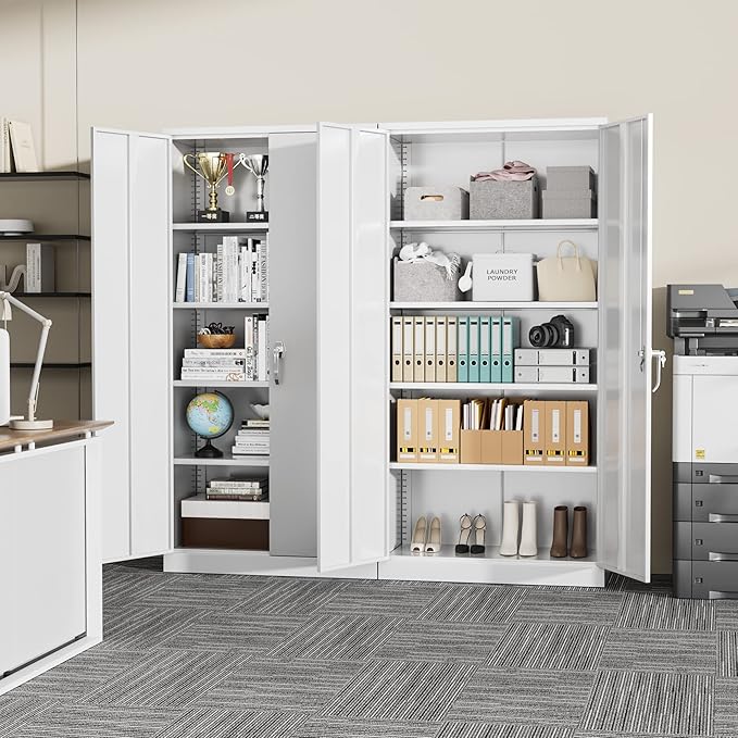 Greenvelly White Metal Storage Cabinets 72” Garage Steel Storage Cabinet with Doors and Shelves, Metal File Organization for Home Office, Basement, Warehouse, Classroom(Anti Ttipping)