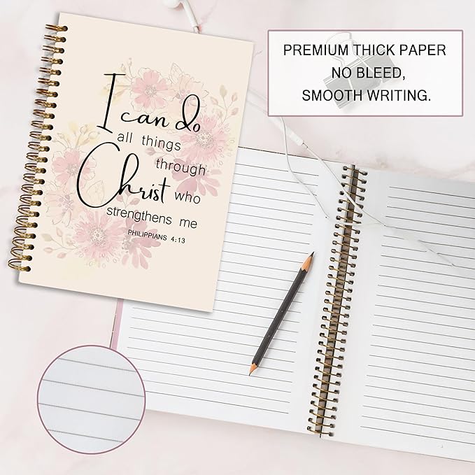 Bible Notebook, A5 Spiral Christian Journal with Pink Floral Notebook, Bible Verse-I Can Do All Things Through Christ Who Strengthens Me, Inspirational Notebooks for Women, Gift for Birthday Christmas