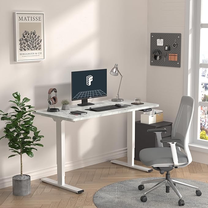 FLEXISPOT E6 Essential 3 Stages Dual Motor Electric Standing Desk 55x28 Inch Whole-Piece Board Height Adjustable Electric Sit Stand Desk(White Frame + Grey Wood Grain Desktop, 2 Packages)