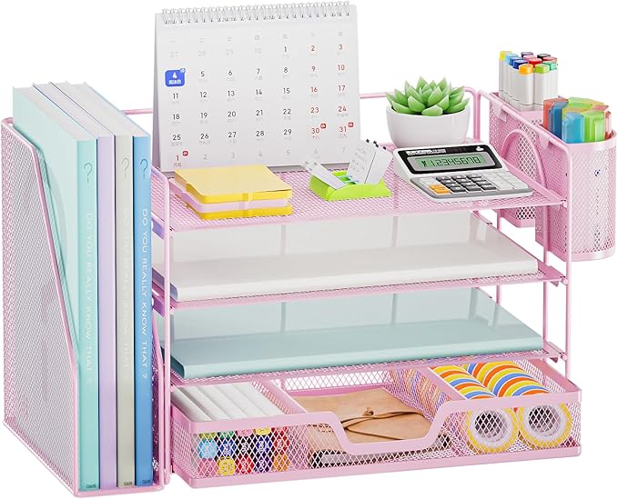 Marbrasse Desk Organizer and Accessories,4-Tier Paper Letter Tray Organizer with File Holder, Workspace Desk Organizers Accessories with Drawer and 2 Pen Holder (Pink, 15.4" x 9.1" x 8.3")