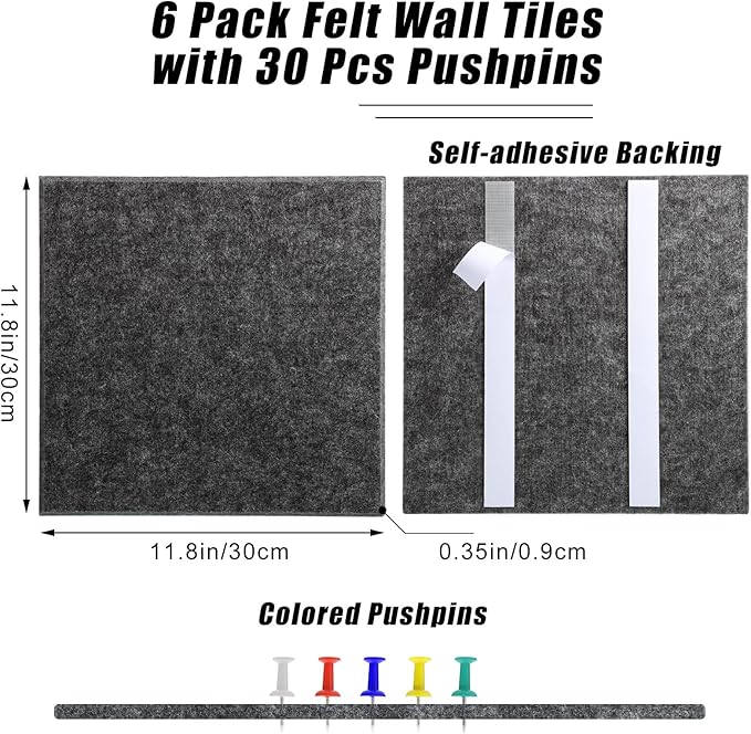 Large Cork Board 36" x 24", 6 Pack Felt Wall Tiles with 30 Pcs Pushpins, Bulletin Board with Removable Self-Adhesive Strips, Pin Boards Cork Boards for Walls Office Home Classroom Decor-Dark Gray