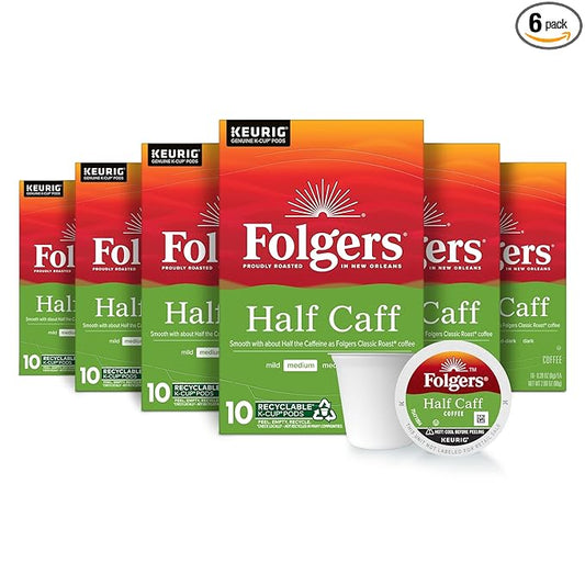 Folgers Half Caff Coffee, Medium Roast, Keurig K-Cup Pods, 10 Count (Pack of 6)