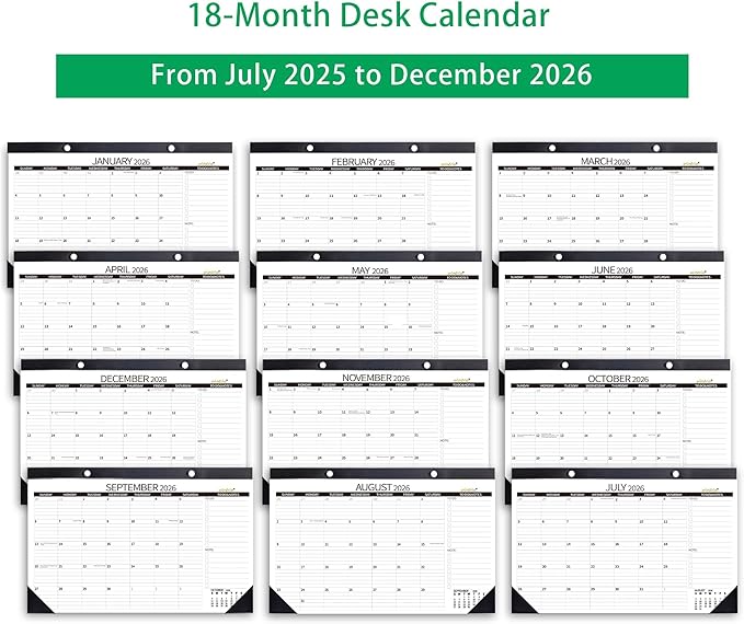 Desk Calendar 2026 Wall Calendars, July 2025 - December 2026 Monthly Planner Paper Office Desktop 17"X 12", 18-Months, Planning and Organizing Home, School, Office, Holiday, Vacation
