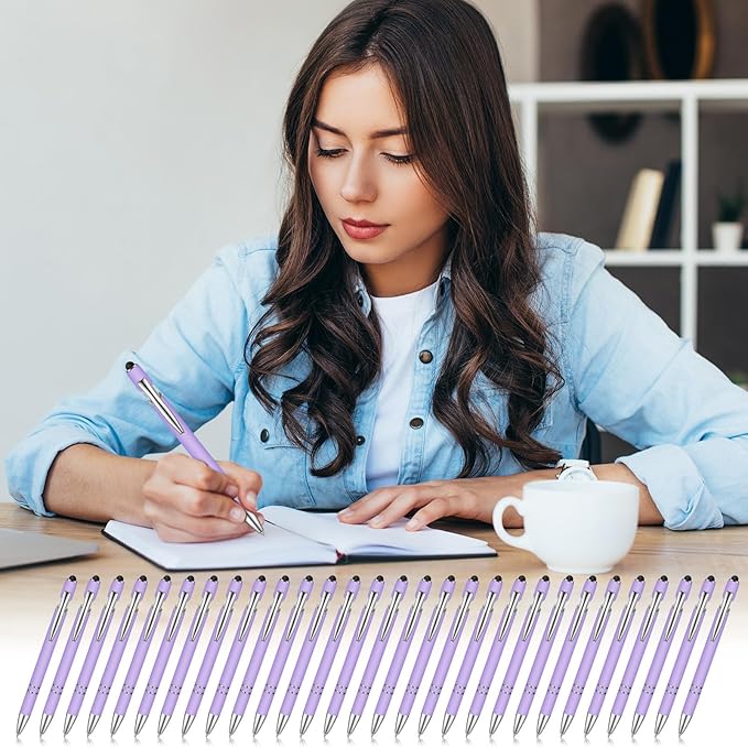 Zonon 38 Pieces Rubberized Ballpoint Pen with Stylus Tip Stylish Metal Pen Capacitive Styli with Soft Rubberized Grip, Black Ink for Most Devices(Purple)