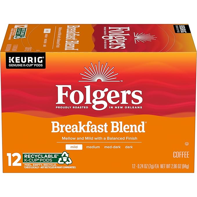 Folgers Breakfast Blend Mild Roast Coffee, 72 Keurig K-Cup Pods