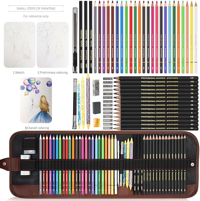 Sketch & Drawing Art Pencil Kit 52 Piece Set, 24 Color Pencil for Coloring Books, Pencil of Graphite & charcoal, 3-color Sketchbook, coloring book Etc, Art Supply Ideal for Adult Student Beginner Teen