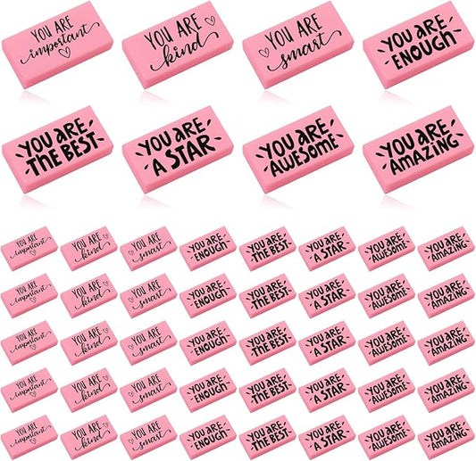 PerKoop 50 Pcs Pcs Inspirational Pink Erasers Bulk Small Motivational Block Pencil Erasers Back to School Gifts for Classroom Students Teachers Office Stationery Supplies