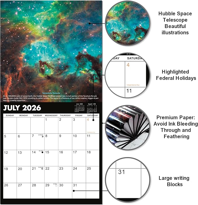 2026 Wall Calendar - Hubble Telescope Wall Calendar 2026, January 2026 - December 2026, 12" x 24" (Open), Hanging Hook, Blocks and Holidays - Stunning Hubble Discoveries