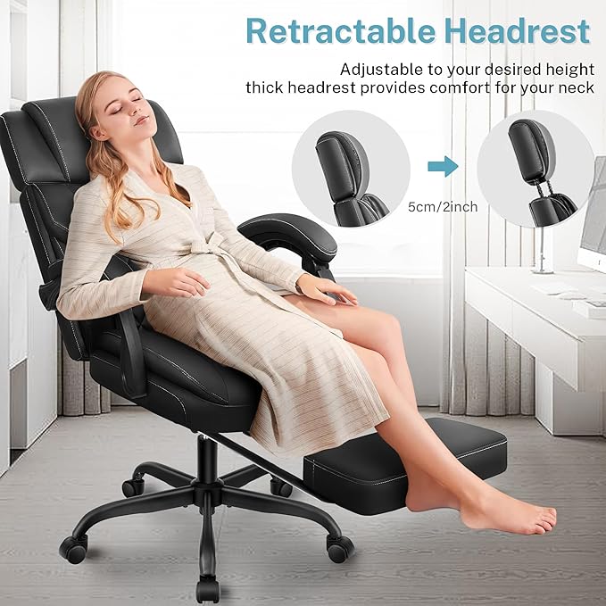 Executive Leather Office Chair, Big and Tall Office Chair with Footrest Home Office Desk Chairs, Ergonomic Computer Desk Chair with Lumbar Support, Reclining Desk Chair with Adjustable Angle
