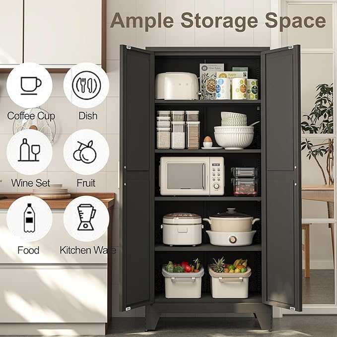 71H Tall Metal Storage Cabinet with 2 Doors and 5 Shelves,Farmhouse Storage Cabinet with Barn Doors,Pantry Storage for Home,Office,Bathroom,Dining Room,Kitchen(Black)