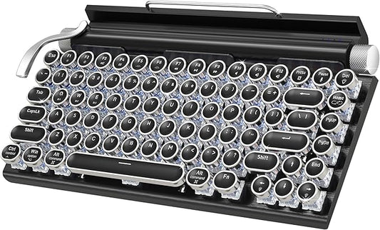 Retro Typewriter Mechanical Keyboard, Wireless Bluetooth 5.0 LED Backlit Office Computer Keyboards with 83-Key Clicky Blue Switches, Vintage Design for PC/Laptop/Mac/Pad/Phone/Gaming, Black