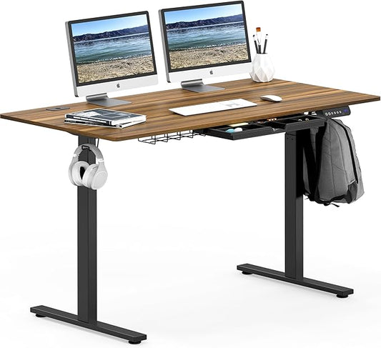 SHW 55 x 28 Inches Electric Height Adjustable Standing Desk with Drawer and Memory Preset, Walnut