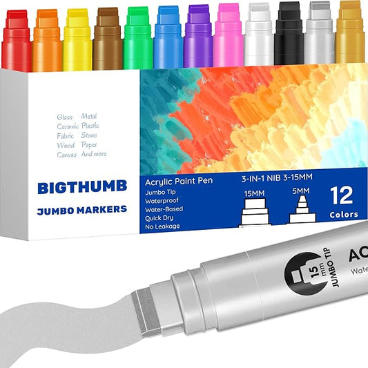 Jumbo Poster Markers Set: 12 Colors Large 15mm Wide Tip Permanent Ink Thick Acrylic Paint Pens for Rock Painting, Stone, Glass, Wood, Ceramic, Metal, Plastic, Fabric