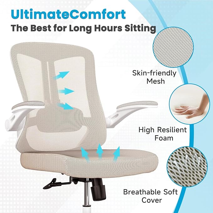 Mesh Office Computer Desk Managerial Executive Chair, Ergonomic High Back Comfy Swivel Gaming Home Chairs with Wheels, Comfortable Lumbar Support, Comfy Arms for Study,Home,Bedroom(Khaki)