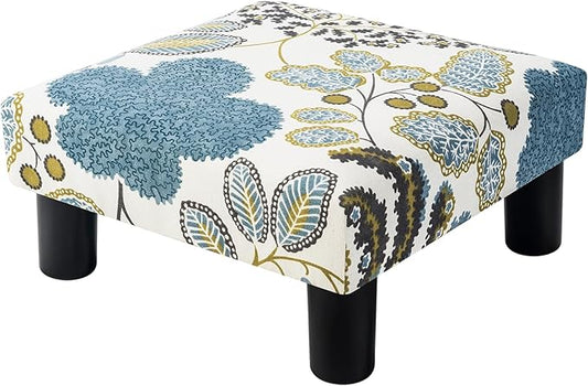 Joveco Small Foot Rest Stool Ottoman, Square Upholstered Fabric Footstool for Couch, Under Desk, Office, Living Room, Blue Floral