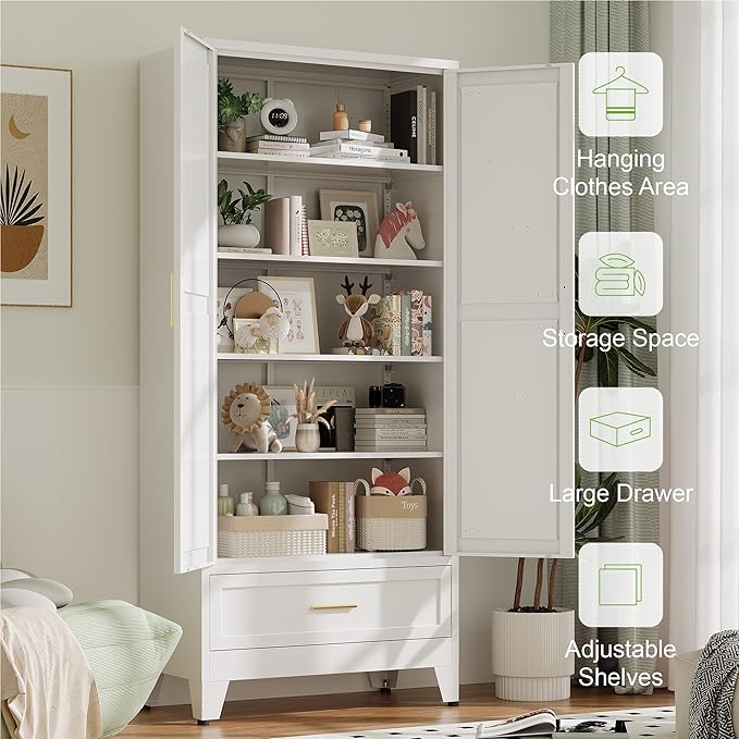 71" Tall Metal Storage Cabinet with Drawer and Adjustable Shelves,Farmhouse Kitchen Pantry Storage Cabinet with Doors,Large Wide Cabinets for Craft Room,Office,Dining Room,Bathroom(White)