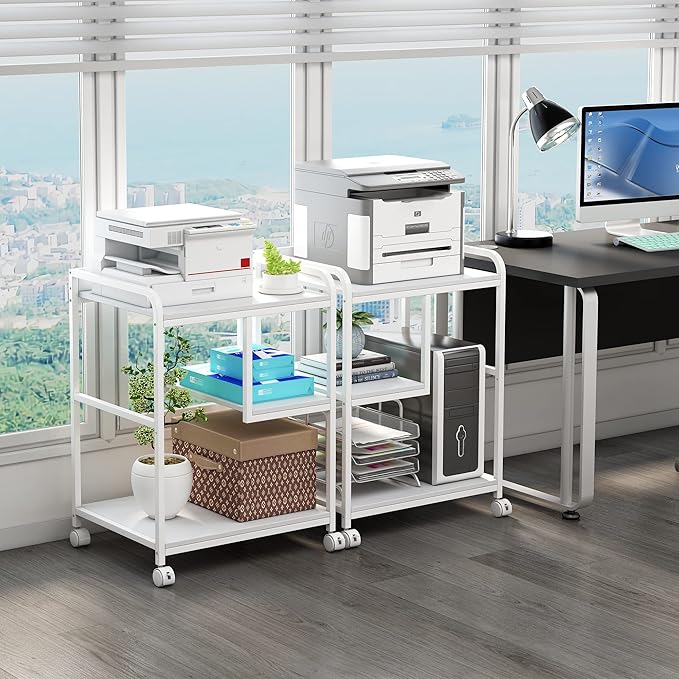 Large Printer Stand Table with Storage Shelf for Host Computer, PC Tower, CPU and Shredder, 3 Tier Rolling Printer Cart with Wheels for Home Office Storage and Organization - White