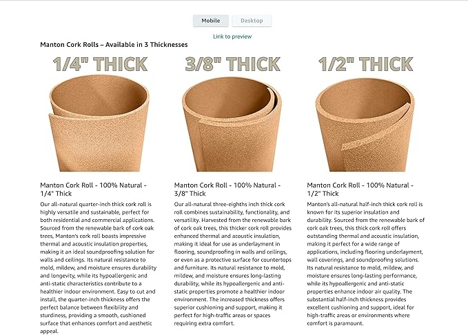 Manton Cork Premium Cork Roll - 4' x 25' x 3/8", 100% Natural Facing Grade Material for Bulletin Boards, Decorative Photo and Message Push Pin Displays - Perfect for Home, School, and Office