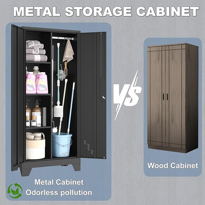 Metal Storage Cabinet with Locking Doors, 61" Tall Garage with Hanging Rod, Broom Closet, Freestanding Bathroom Storage Cabinet, Cleaning Tool,Black