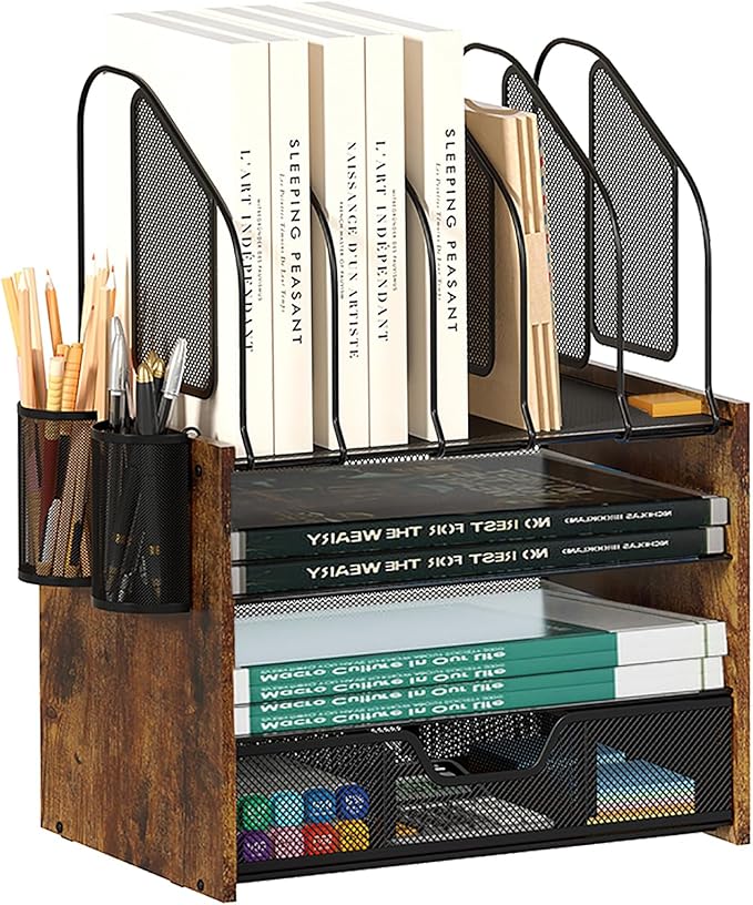 Wood Desk Organizer - 4-Tier Desktop File Organizer with Drawer, Wooden Paper Tray, Vertical File Holders & 2 Pencil Holders - Office Desk Organizer for Papers, Mail, Notebooks, Stationery