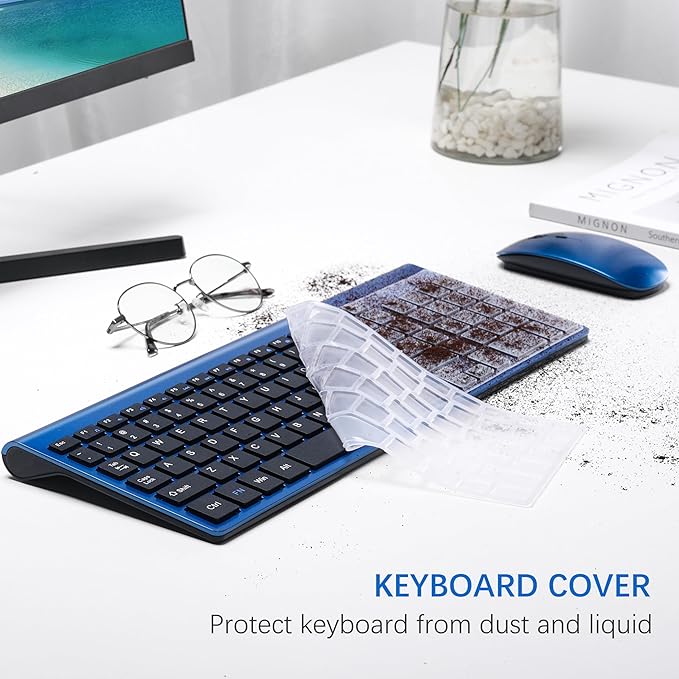 TopMate Wireless Keyboard and Mouse Ultra Slim Combo, 2.4G Silent Compact USB Mouse and Scissor Switch Keyboard Set with Cover, 2 AA and 2 AAA Batteries, for PC/Laptop/Windows/Mac - Blue Black