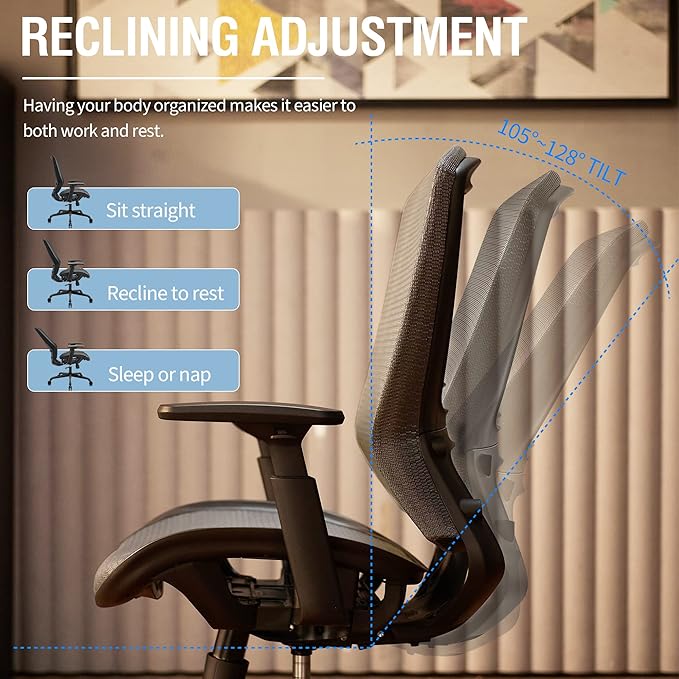 ELABEST Mesh Office Chair,Ergonomic Computer Desk Chair,Sturdy Task Chair- Adjustable Lumbar Support & Armrests,Tilt Function,Comfort Wide Seat,Swivel Home Office Chair (Grey)