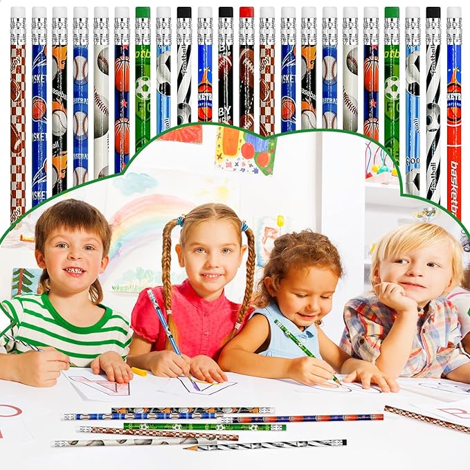 Cinrobiye 96 Pcs Sports Pencils Bulk, Basketball Football Baseball Scoeer Wood Pencils with Erasers Sports for School Prizes Classroom Exchange Gifts Party Favors Supplies, Stationary Gifts