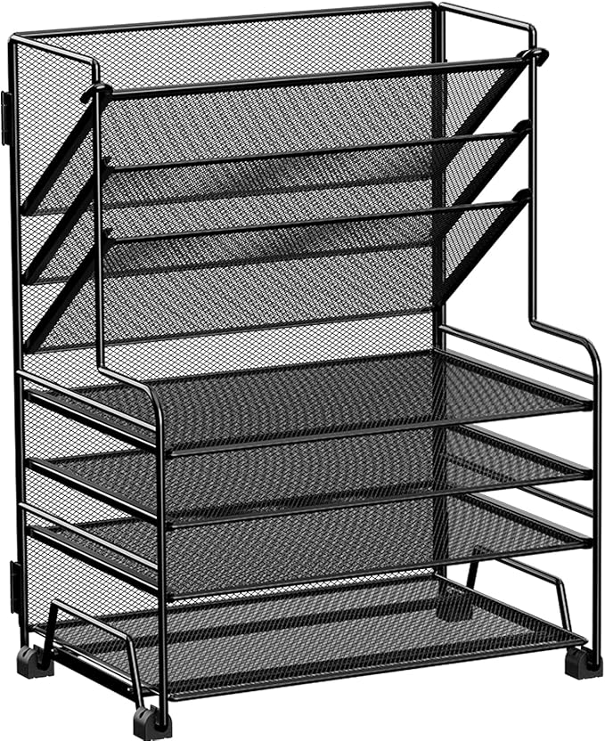 4-Tier Paper Organizer + 3-Pocket File Holder + Drawer + Pen Holders, Desktop File Organizers Paper Tray for Office Supplies School Classroom Organization (Black, No Drawer & Pen Holder)