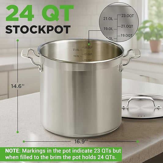 NutriChef Stainless Steel Cookware Stock Pot - 24 Quart, Heavy Duty Induction Soup Pot With Lid, Induction, Ceramic, Glass and Halogen Cooktops Compatible - NCSPT24Q