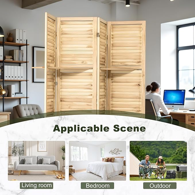NicBex 4 Panel Room Divider 5.6FT Louvered Design Room Dividers with Display Storage Shelves Folding Privacy Screens Portable Freestanding Partition Wall Dividers for Home Bedroom Office, Natural Wood
