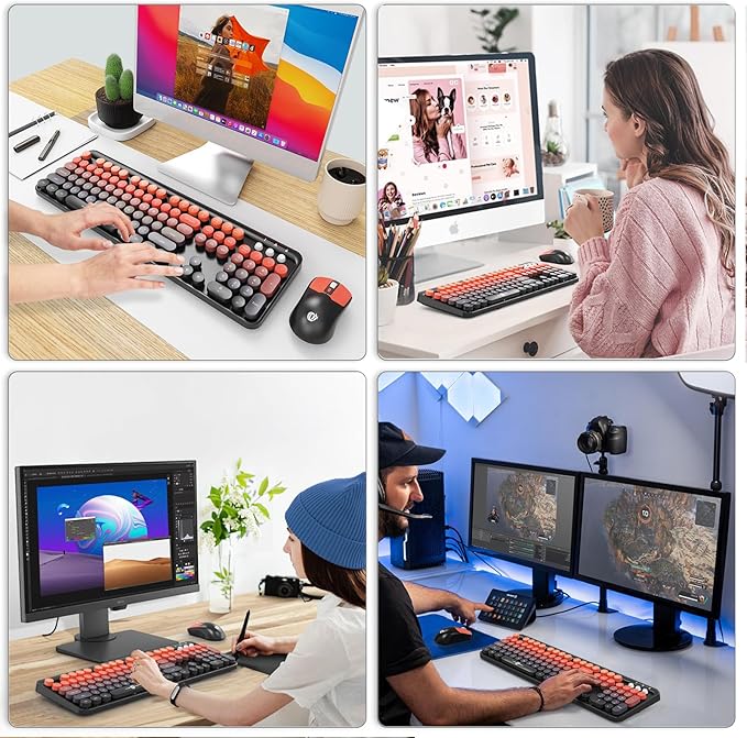 Wireless Keyboard and Mouse Combo, 104 Round Keys Cute Colorful Keyboard and Mouse with Retro Typewriter for PC/Mac/Laptop/Tablet/Computer/Windows Black Red