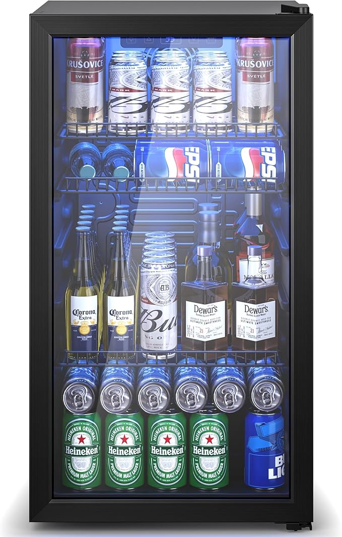 Beverage Refrigerator Cooler, 120 Can Drink Fridge with Glass Door for Soda Beer or Wine, Digital Temperature Control, Mini Fridge for Bedroom, Bar, Office (Black, 3.23 Cu.Ft)