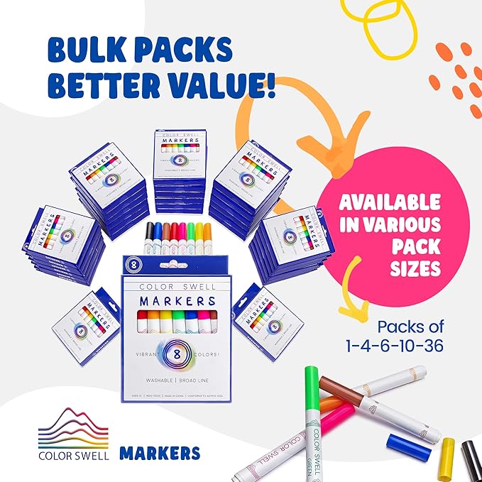 Color Swell Washable Markers 6 Boxes of 8 Vibrant Colors Perfect for Kids, Teachers, Adults, Parties, and Families…