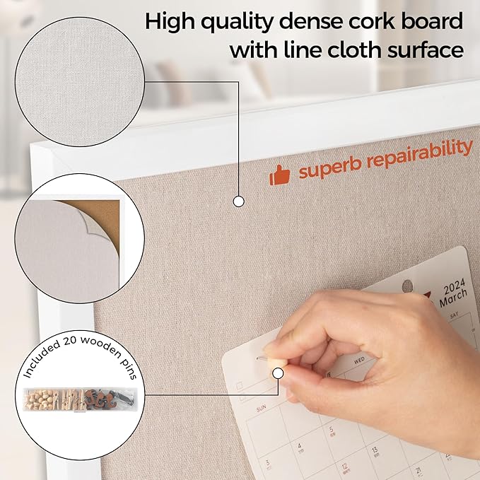 Fun Memories Cork Board Bulletin Board for Office, 20" x 30" Pine Wooden Framed Corkboard, Wall Mounted Notice Pin Board for School Home & Office, White