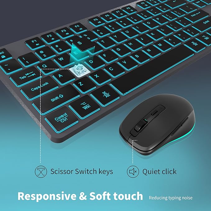 Backlit Wireless Keyboard and Mouse, Rechargeable Quiet Wireless Keyboard Mouse Combo, Jiggle Mouse, 2.4G Cordless USB Keyboard Slim Full Size for Apple iMac, MacBook, laptop and PC, Space Gray