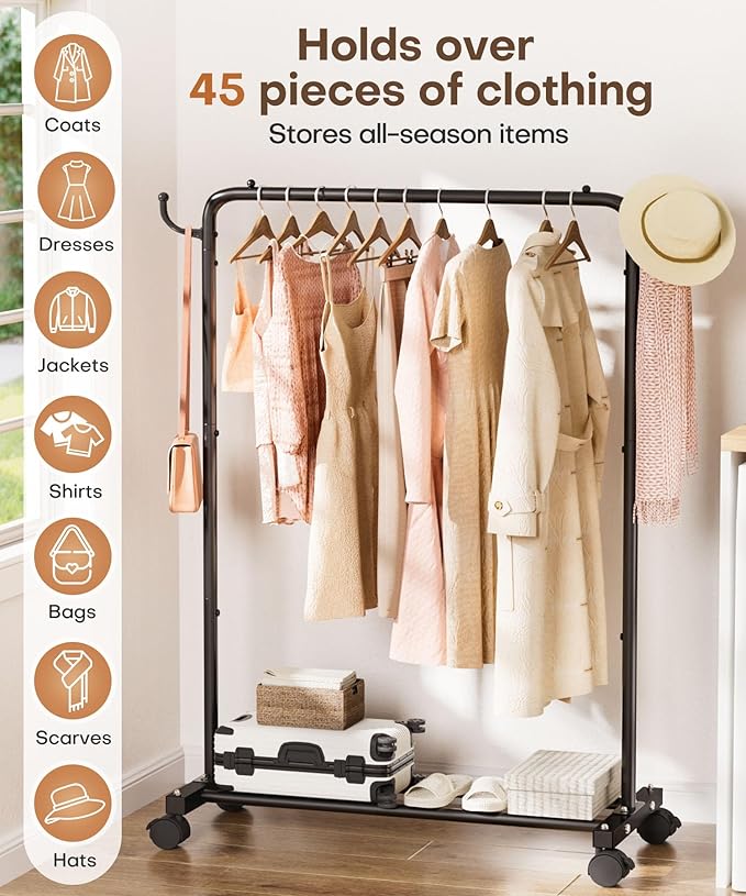 Homde Heavy Duty Clothes Rack: 120lb Standing Garment Storage for Indoor - Rolling Hanging Rod for Bedroom Laundry Room - Coat Dress Organizer on Wheels with luggage shelf (Black,32")