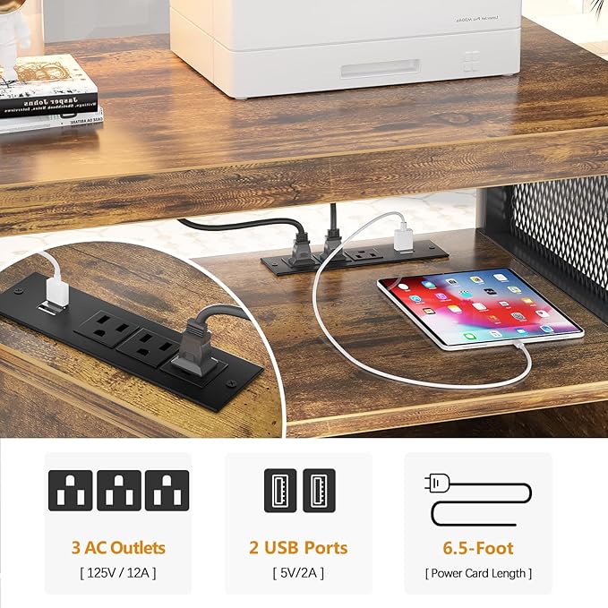 Unikito Lateral File Cabinet, Locking Office Filing Cabinets with Socket and USB Charging Port, Modern Rolling Printer Stand with Storage for A4, Letter Size and File Folders, Rustic Brown