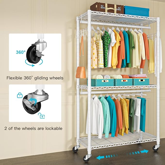 P1 Heavy Duty Garment Rack, 3 Tiers Adjustable Rolling Metal Closet Organizer with Lockable Wheels, FreeStanding Wardrobe with Double Hanger Rods & 1 Pair Hooks, Max Load 450 LBS, White