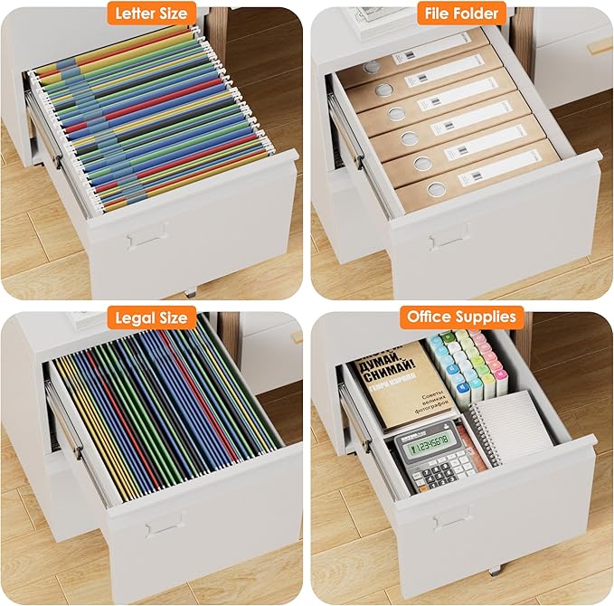 2 Drawers Mobile File Cabinet, Metal Under Desk Cabinet with Lock, for Office & Home, Legal/Letter Size, W14.57”x D17.36”x H25.79”, Assembly Required(White)