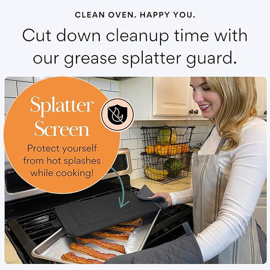 Baking & Frying Pan Splatter Screen Beckon Ware | USA Brand | 17.5 x 12 Inch Black, Multi-Use Silicone Baking Rack for Oven, and Stove – Grease Splash Guard, Baking Supplies, Pastry Sheet