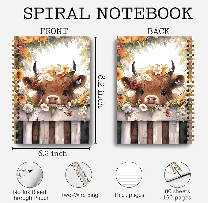 Floral Highland Cow Notebook - Western Cow Notebook, Highland Cow Office Supplies, Highland Cow Gifts, Cow Lover Gifts, Cute Cow Stuff, Cute Daisy Flower Highland Cow Spiral Notebook 5.5x8.3