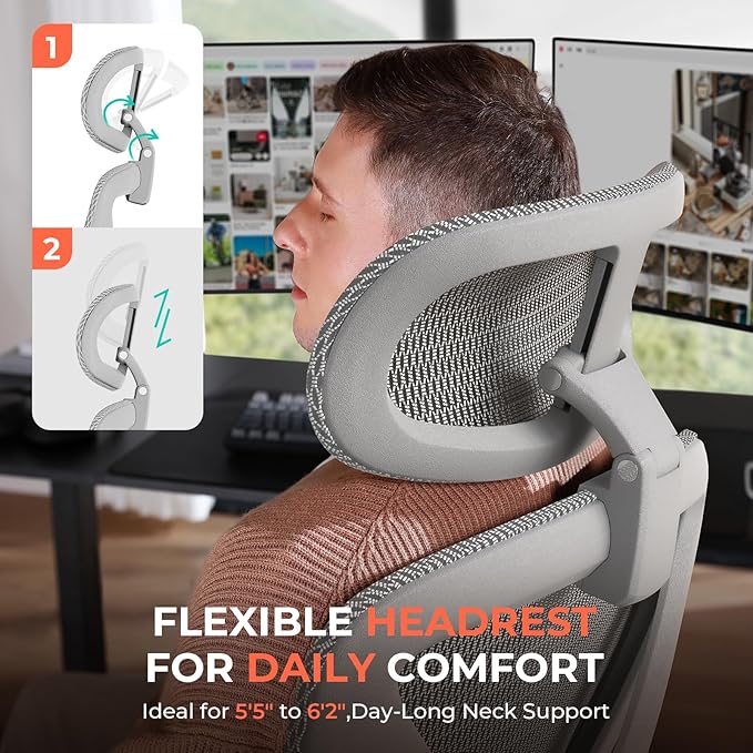 CAPOT Ergonomic Mesh Office Chair, Adjustable Lumbar High Back Desk Chair 400lbs, 4D Flip-up Arms, 3 Tilt Backrest, 3D Headrest, PU Wheels, Swivel Rolling Computer Seating for Long Desk Work - Grey