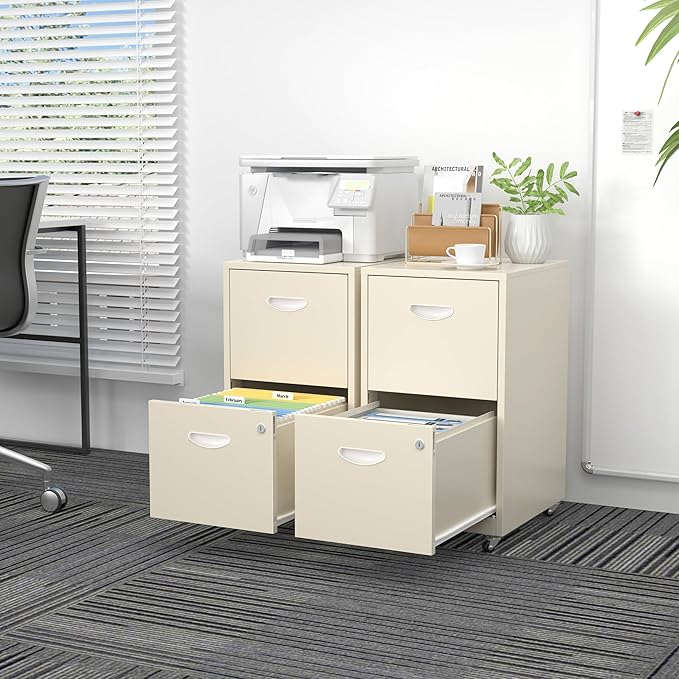 2 Drawer File Cabinet with Lock,Cream Rolling File Cabinet for Home Office, Metal Small Mobile Filing Cabinets on Wheels for Hanging Letter