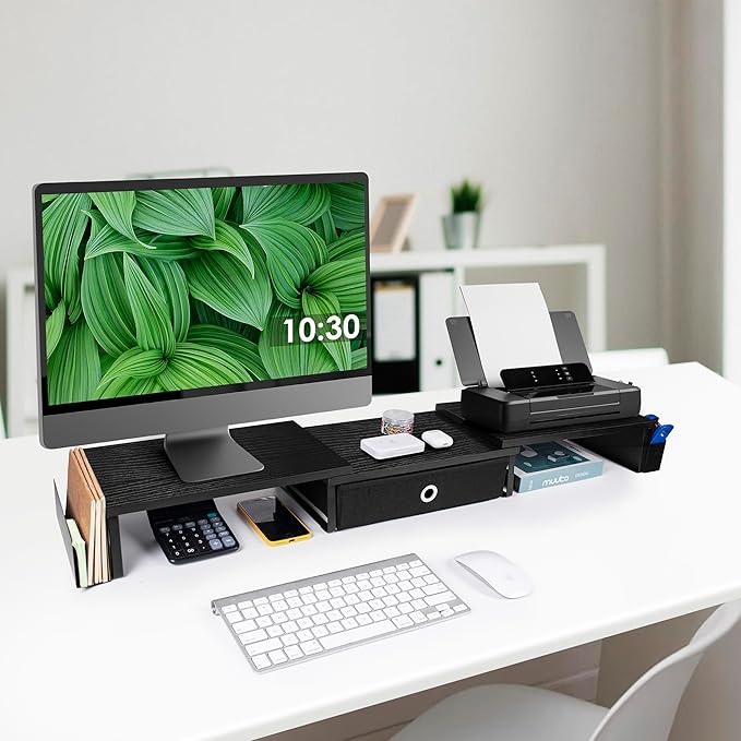 Dual Monitor Stand Riser w/ Drawer & Metal Leg, Large Computer Monitor Riser w/ Storage For 2 Monitors, Desk Shelf For Monitor w/ Adjustable Length & Angle, Desktop Organizer For Laptop/TV/Printer