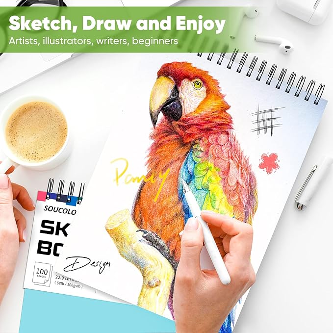 Soucolor 9" x 12" Spiral Bound Blank Sketch Notebook Journal Book- 1-Pack 100 Sheets Acid-Free 68lb/100gsm Paper, Art Sketchbook for Painting, Doodling, Journaling, Kids, Students, Adults, Beginners
