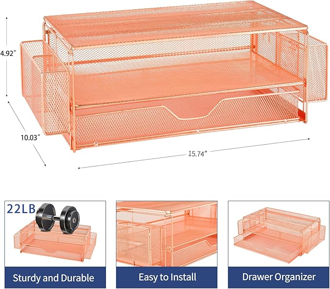 AUPSEN Computer Monitor Stands Riser,2-Tier Desk Organizers and Accessories, Office Desk Accessories Organizer with Drawers and 2 Pen Holder for Office Supplies (Rose Gold)